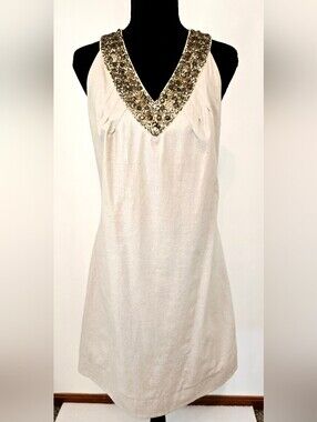 Embellished Linen Blend Sheath Dress Beaded Cocktail Resort Chic Y2K Cocktail